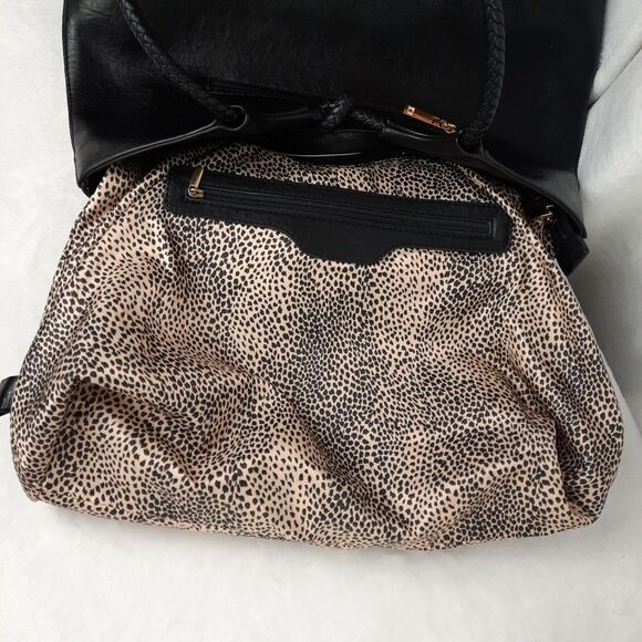 Black Braided Handle Vegan Faux Leather Shoulder Bag Multiple Compartments - Picture 7 of 12